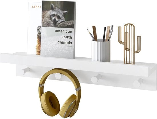 Plank da Parete con Ganci, Plank da Parete Sospeso con Ganci per Abbigliamento, Bianco, Plank da Parete Sospeso per Ufficio, Camera, Cucina, RG9510ws
