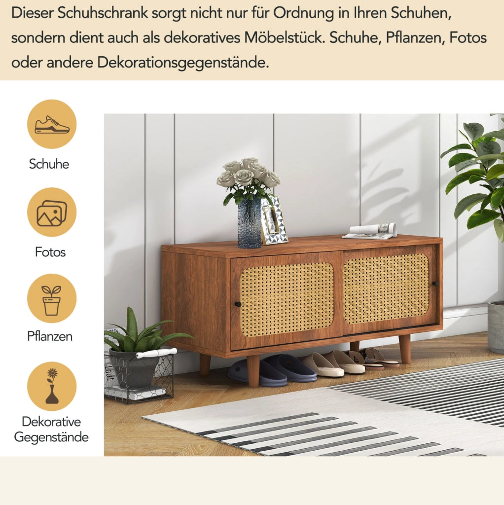 Scarpiera con 2 ante effetto rattan e ripiano regolabile; 104 x 40 x 48 cm; colore noce