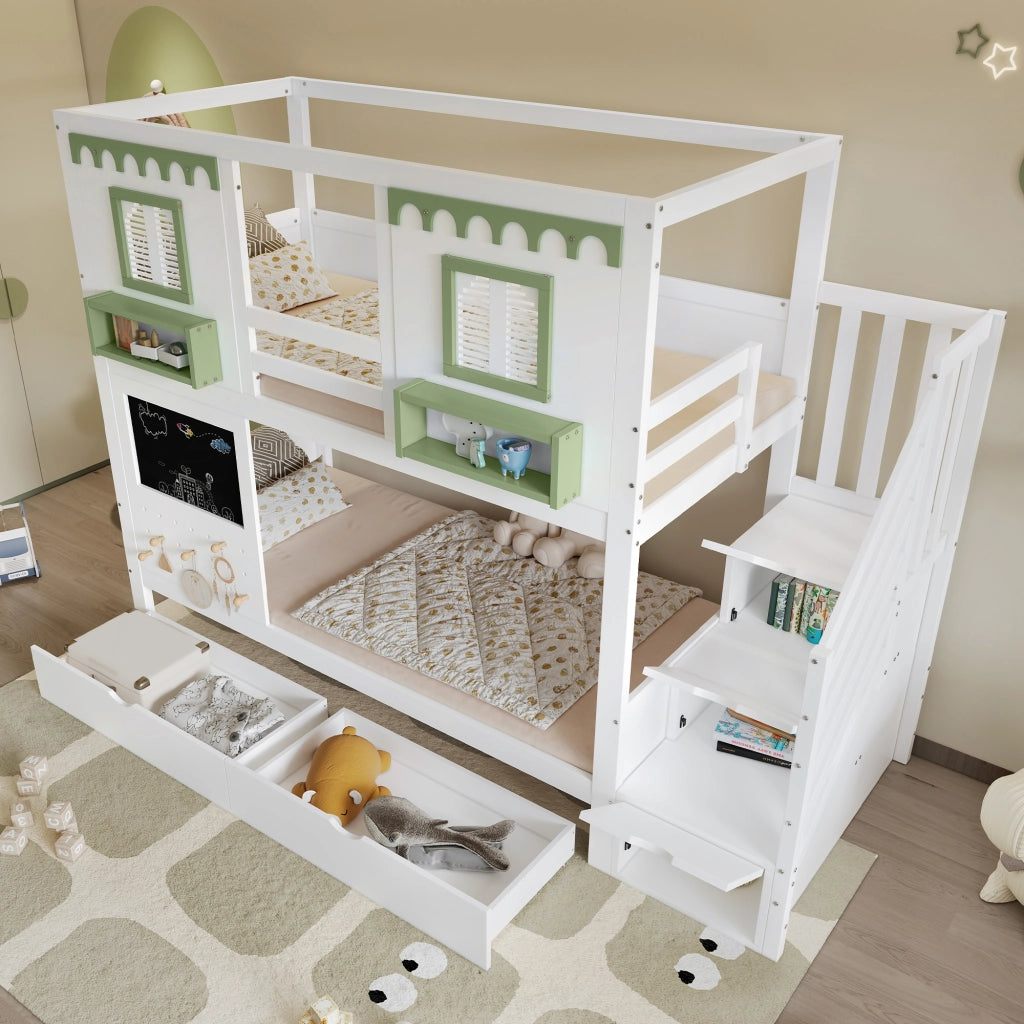 Letto a castello per bambini 90x200 cm con scala contenitore, 2 cassetti, lavagna e pannello forato, bianco+verde