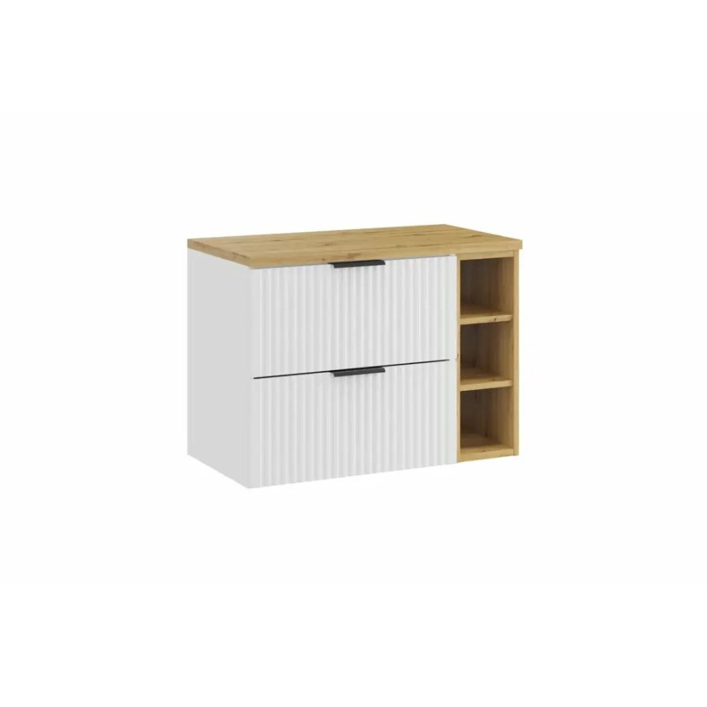 Set da bagno NOXERA 80 cm – Mobile sottolavabo sospeso bianco alpino con piano per lavabo in rovere e nicchie aperte