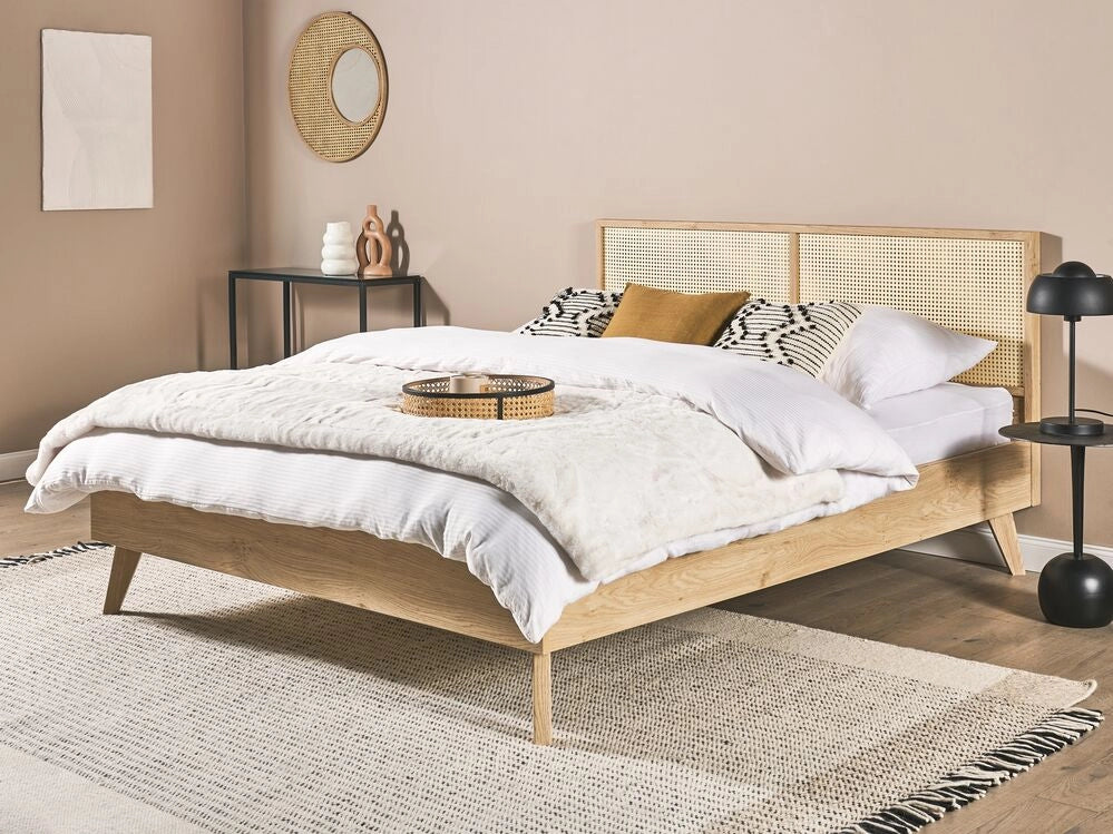 Letto matrimoniale  in legno di pioppo con testiera in vimini 160 x 200 cm camera da letto moderna boho minimalista