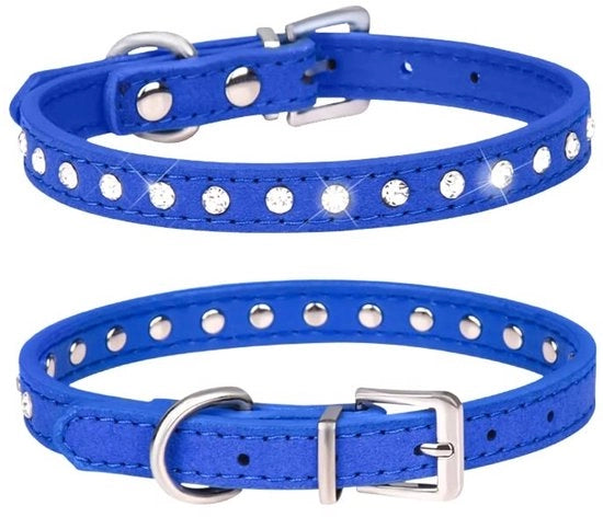 Collare in Pelle di Suède con Strass e Cristalli - Adattabile - Piccolo/Cane/Puppy - 1,5 cm Larghezza - 5 Regolazioni di Ajustamento - Collare per Cane