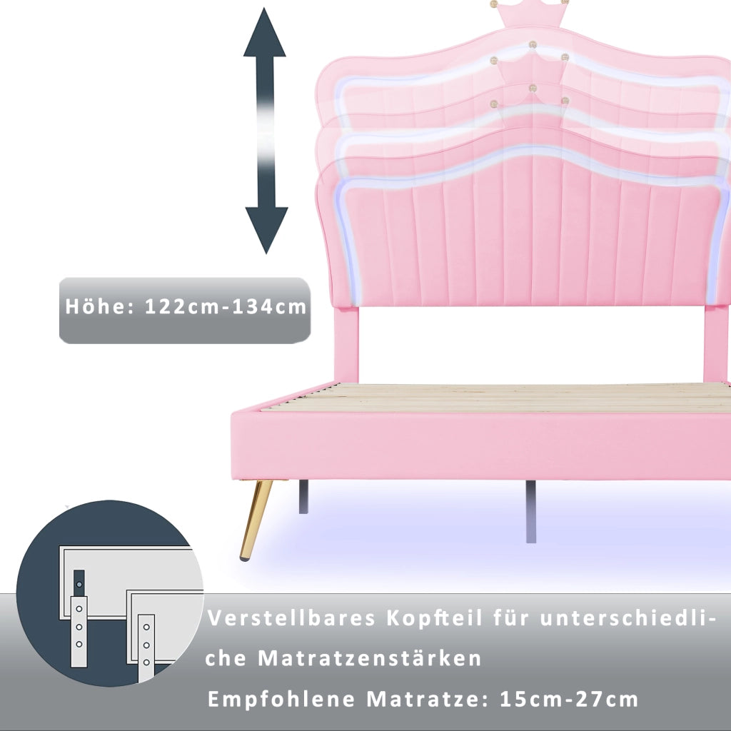 Letto Imbottito per Bambini con LED ¨C MINIMAL ¨C Rosa, PU, Rete a Doghe, 90x200