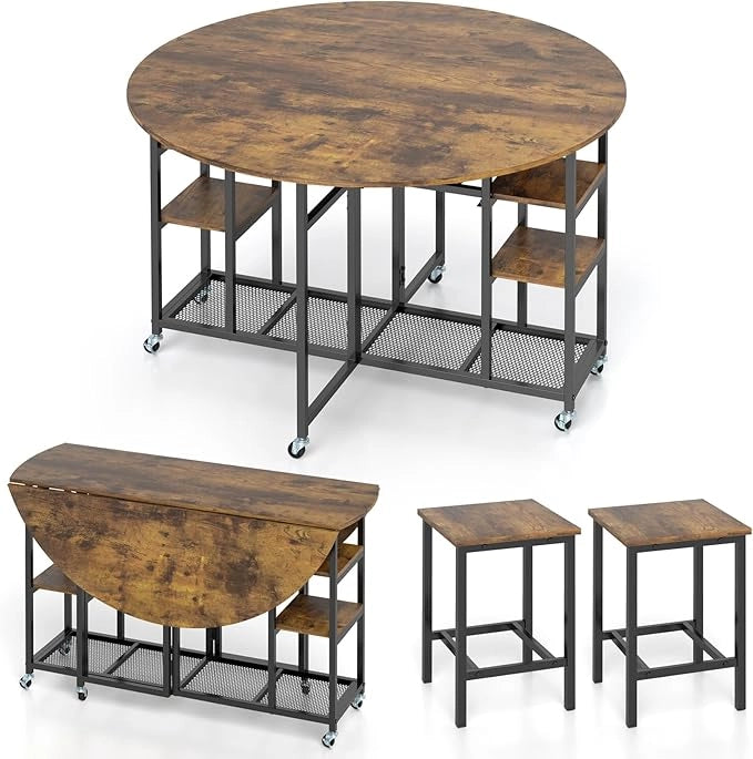 Set da Pranzo Pieghevole a 3 Pezzi, Tavolo da Cucina Rotondo con Ampio Piano e 2 Sgabelli, Scaffali e 6 Ruote Universali, Tavolo da Pranzo per Soggiorno, Sala da Pranzo e Cucina