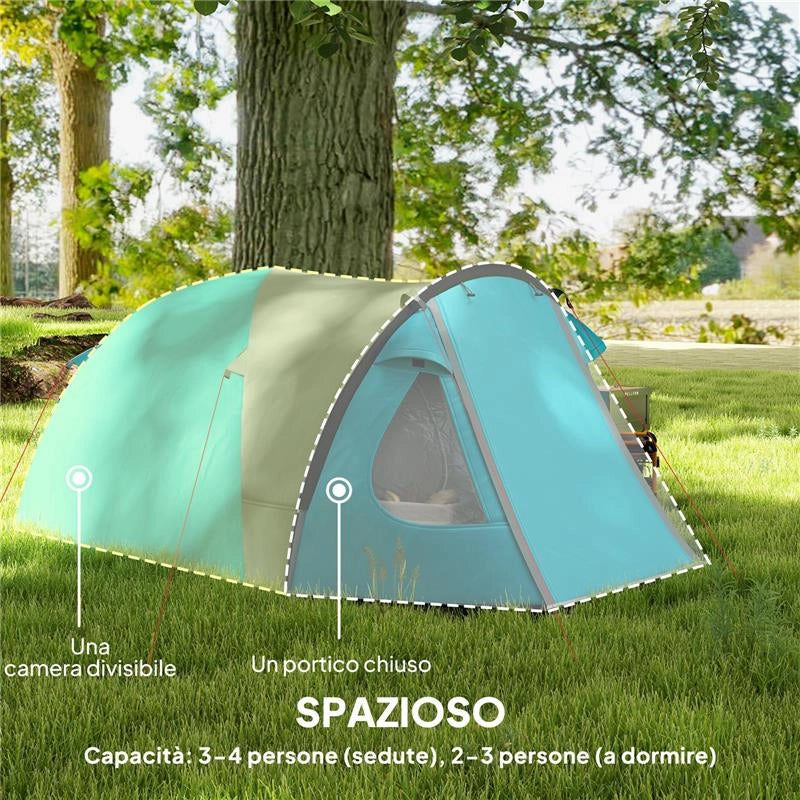 TENDA DA CAMPEGGIO 3 PERSONE CON CAMERA E VERANDA IMPERMEABILE 3000MM E BORSA DI TRASPORTO AZZURRO