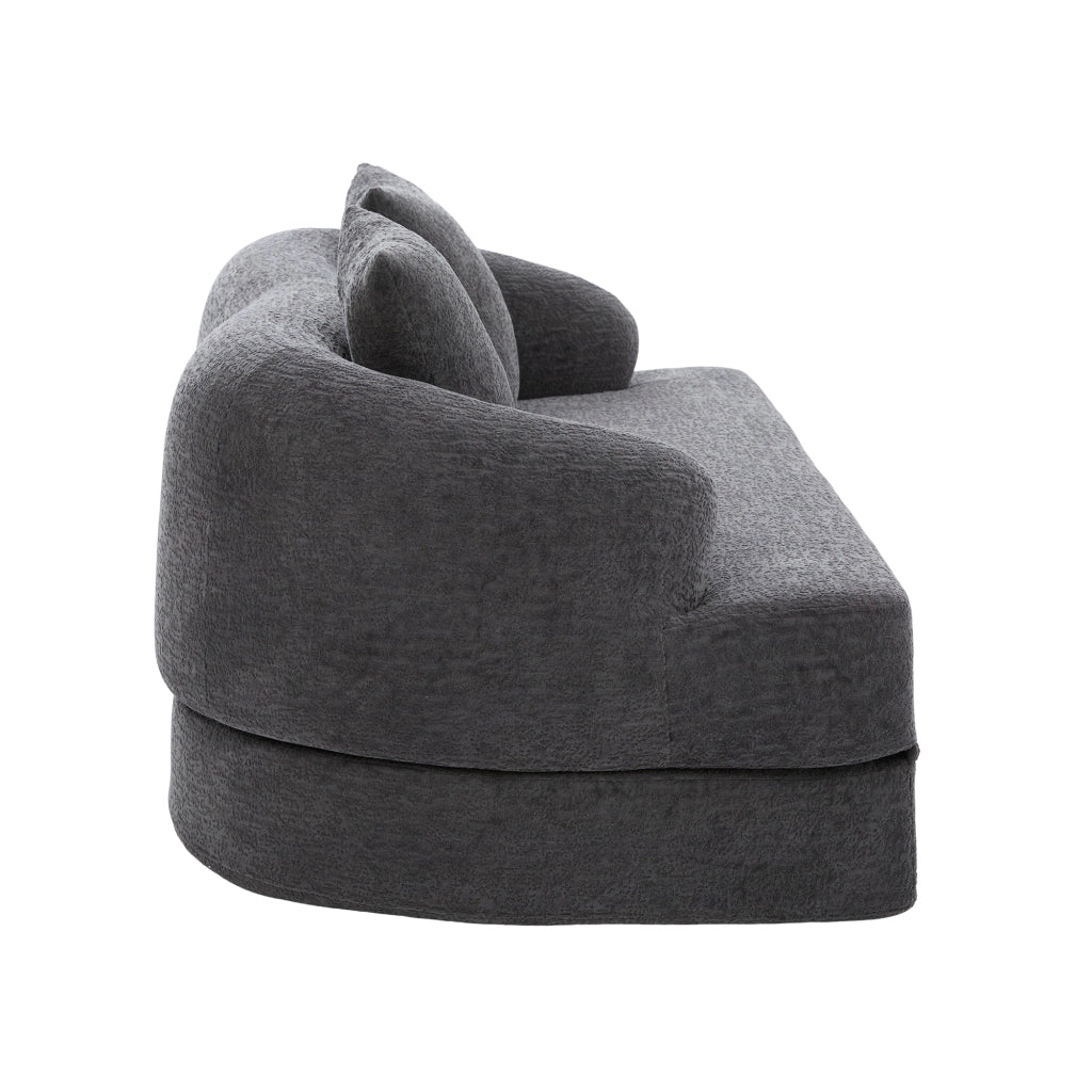 Divano letto a due posti convertibile con due cuscini e schienale ergonomico in chenille grigio scuro