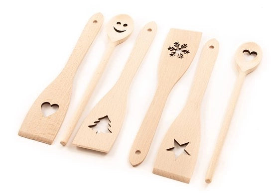 Set di cucchiai e ciotole in legno di betulla a 6 pezzi con motivo, 30 cm