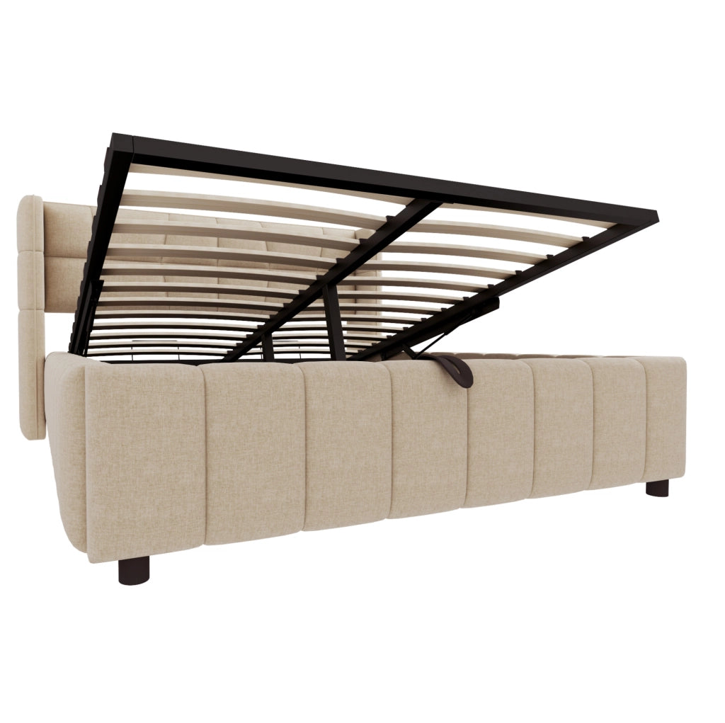 Letto imbottito 140x200 cm con vano contenitore e testiera rivestita beige