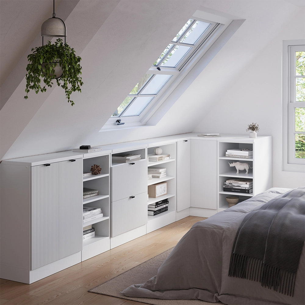 Mobile cucina angolare per sottotetto R-Line Ondulazione bianca/Bianco 75.6 cm con 1 porta, carcassa dell’armadio profondità 60 cm Vicco