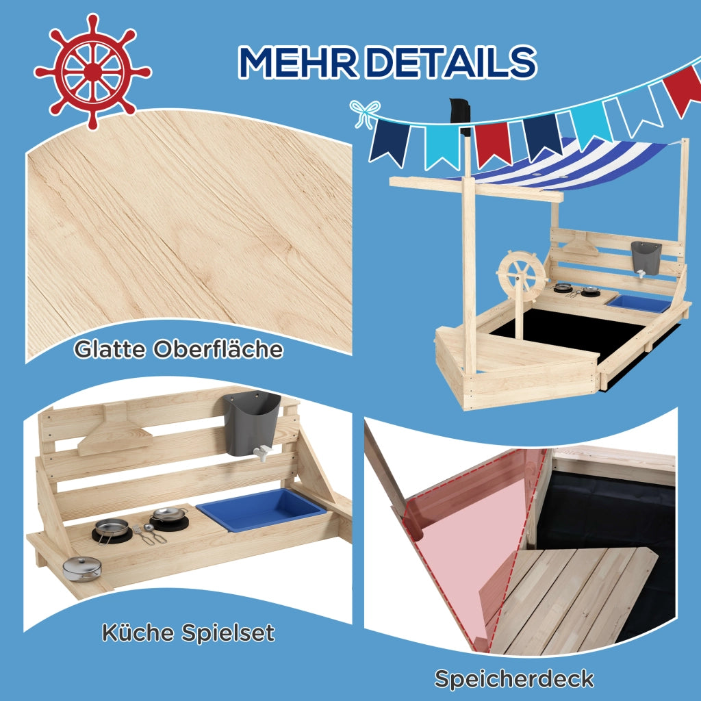 Sandbox Piratenschiff con Cucina Giocattolo ¨C zephmum ¨C Legno Massello 180x103x144.5 cm Naturale e Blu