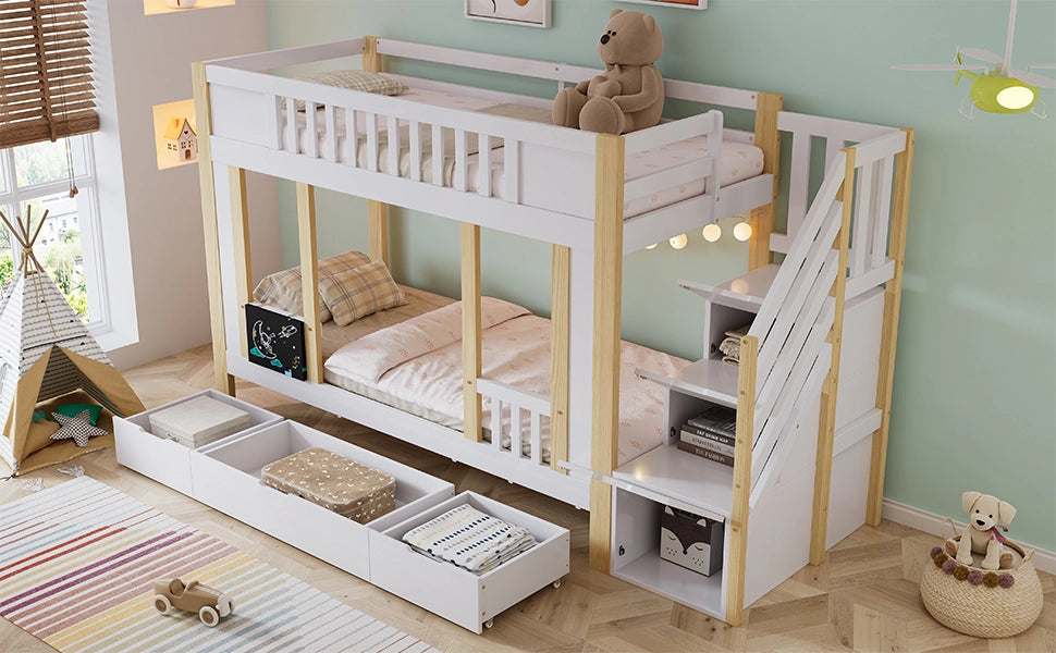 Letto a castello funzionale in legno massiccio e MDF bianco naturale 90x200 cm