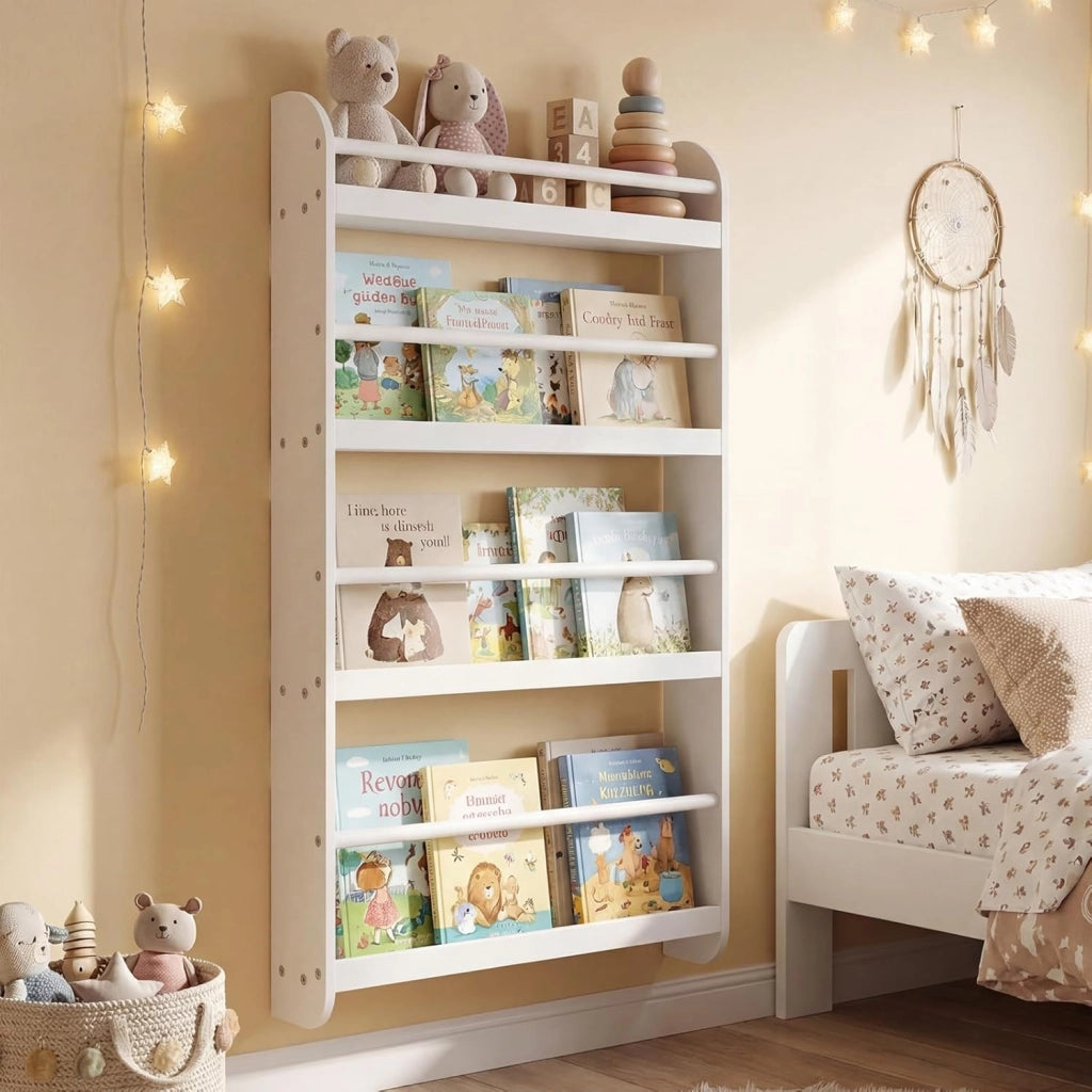 Libreria da Parete per Bambini, Scaffale Portaoggetti a 4 Livelli con Barre di Protezione e Bordi Rialzati, Libreria Salvaspazio per Cameretta per Bambini 3+ Anni, 56 x 12 x 107 cm (Bianco)