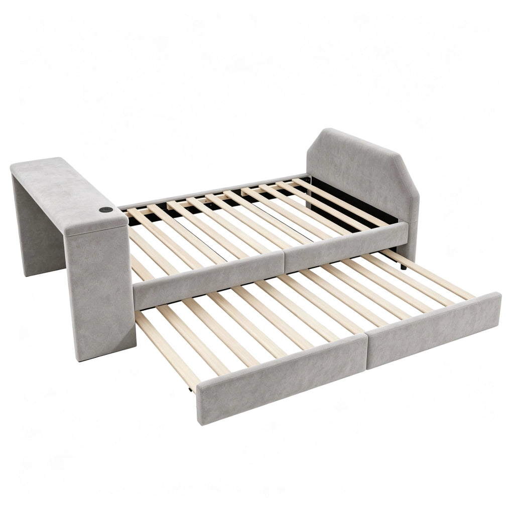 Letto imbottito per bambini 90x200 cm con scrivania, USB e letto estraibile in velluto grigio