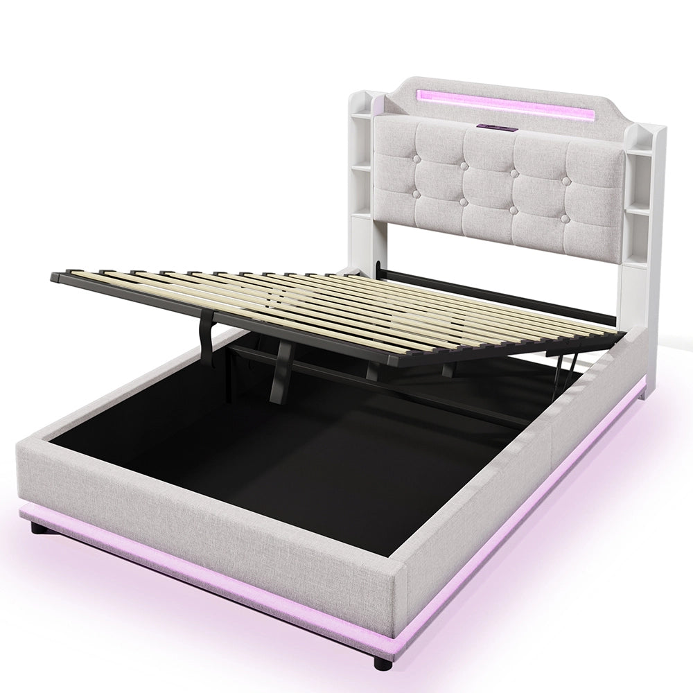 Letto-Xylo-140x200 cm-LED, USB-C, scomparti, lino beige