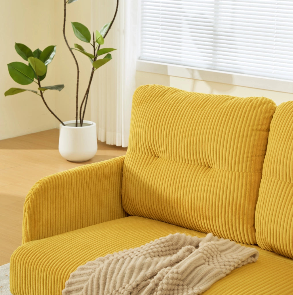 Divano 3 posti in velluto a coste giallo 171x72x80 cm con tasca laterale e struttura in metallo