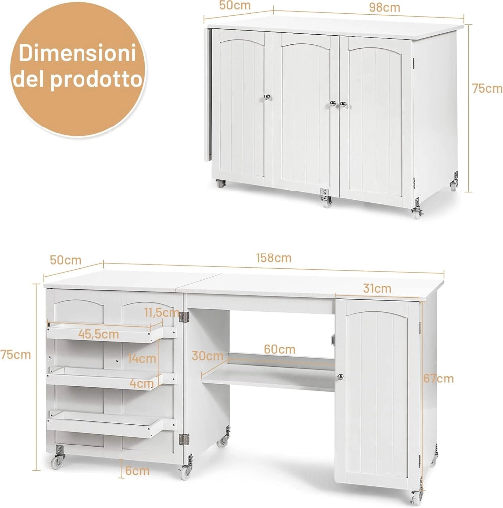 Tavolo Pieghevole da Cucito, Tavolo Versatile a Ribalta con Superficie Ampia, Scrivania per Computer con Ruote Bloccabili, Ideale per Salone Camera da Letto Studio (Bianco)