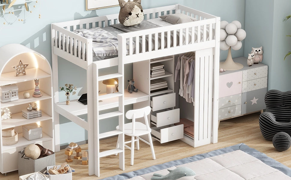 DESMIU Letto a soppalco 90 × 200 cm singolo con scrivania, armadio, 3 cassetti e scala, senza materasso, bianco