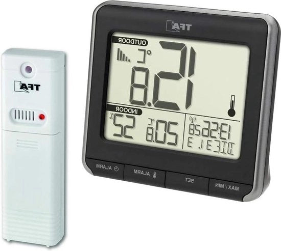 Termometro digitale interno/esterno - nero - con orologio a radio - data e giorno della settimana
