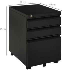 Cassettiera mobile in acciaio con 3 cassetti e serratura, nera