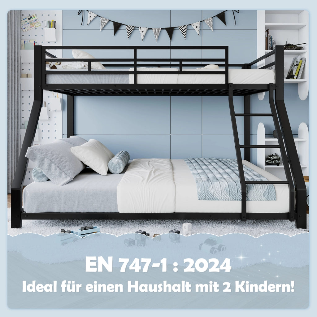 Letto a castello 90×200 cm e 140×200 cm; 2 posti con scala; sponde; senza materasso; metallo nero