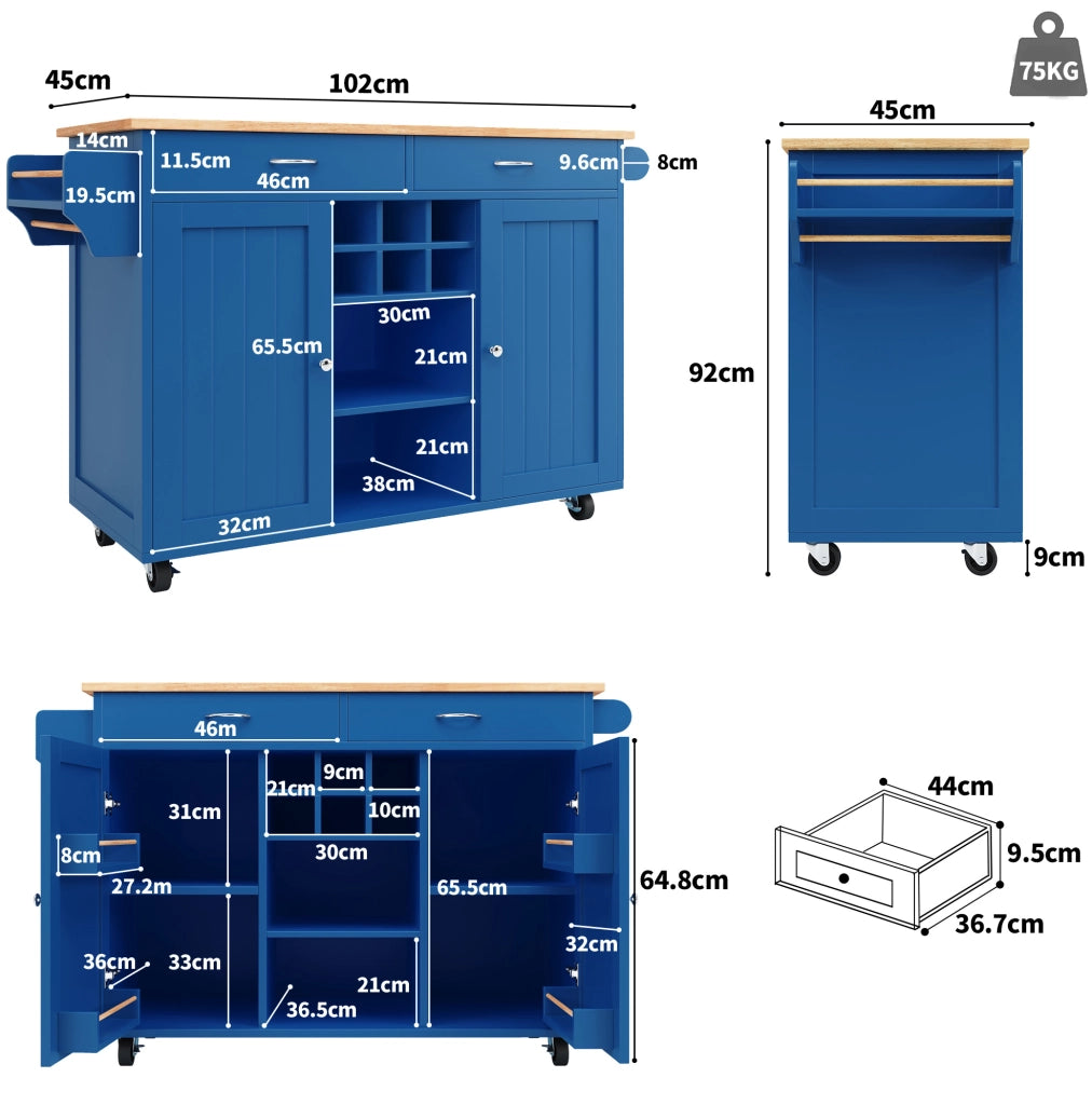 Isola da cucina mobile 102x45x92 cm blu con portabottiglie