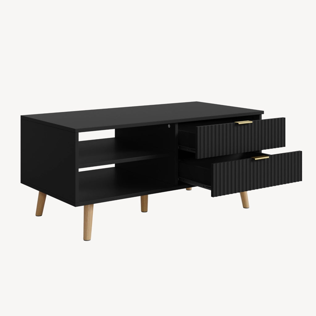 Tavolino da Salotto Nand con 2 Cassetti e 3 Scomparti Aperti 100 x 50 x 45 cm - Nero [en.casa]