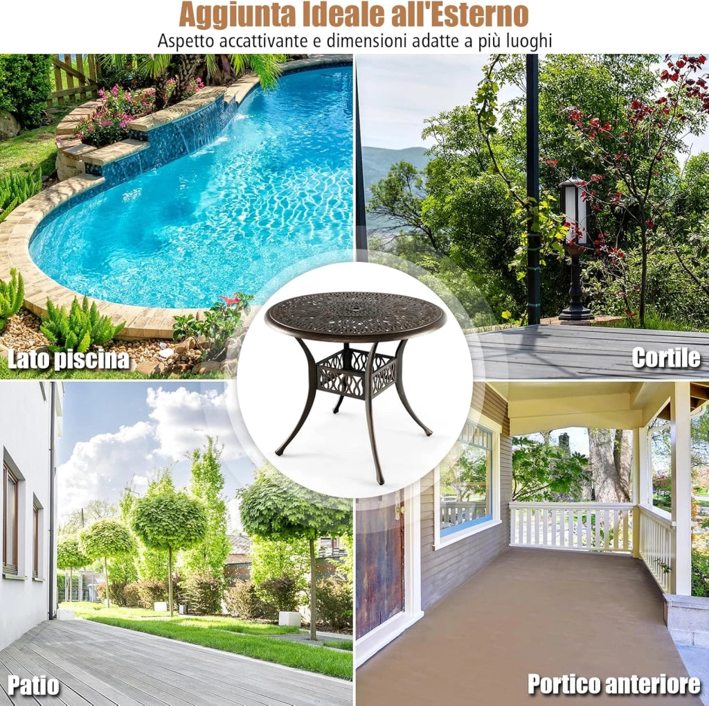 Tavolo da Pranzo Rotondo da 90 cm, Tavolo da Esterno in Alluminio con Foro per Ombrellone da 5 cm Struttura Resistente Piedini Regolabili, Tavolo Rotondo da Giardino Esterno, 90 x 74 cm