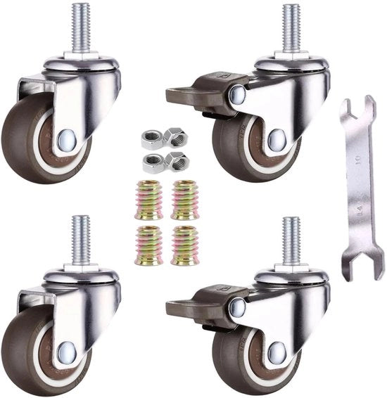Set di 4 ruote per mobili, 38 mm, M8 x 20 mm, con freno fino a 25 kg per ruota, ruote morbide per mobili (38 mm - con freno)