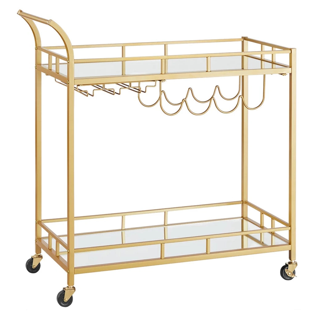 Carrello portavivande su ruote 38 x 80 x 90 cm mobile da cucina a 2 ripiani in vetro riflettente con portabottiglie e portabicchieri per bar cucina sala da pranzo oro 12_0005302