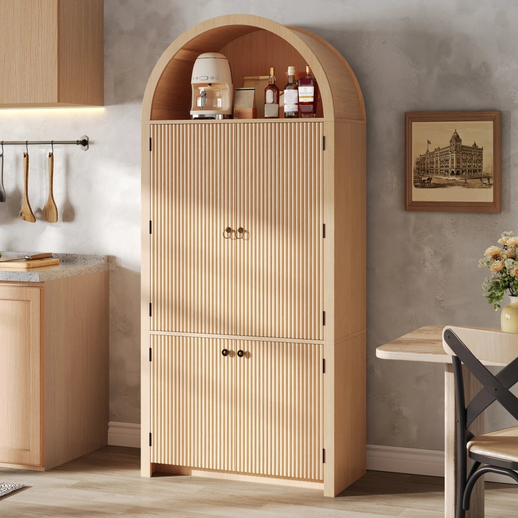 Armadio ad arco con 3 ripiani, 2 vani sulle ante e vano aperto superiore, per soggiorno, in MDF naturale, 80 × 40 × 180 cm