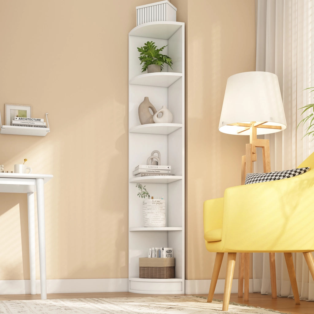 Libreria ad Angolo con 5 Ripiani; Design Triangolare Salvaspazio; Stile Moderno; in MDF; 42×30×180 cm; Bianco