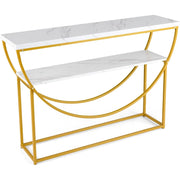 Tavolo console a 2 ripiani con piano in marmo finto-Tavolo da divano extra lungo con struttura in metallo resistente Bianco + Oro