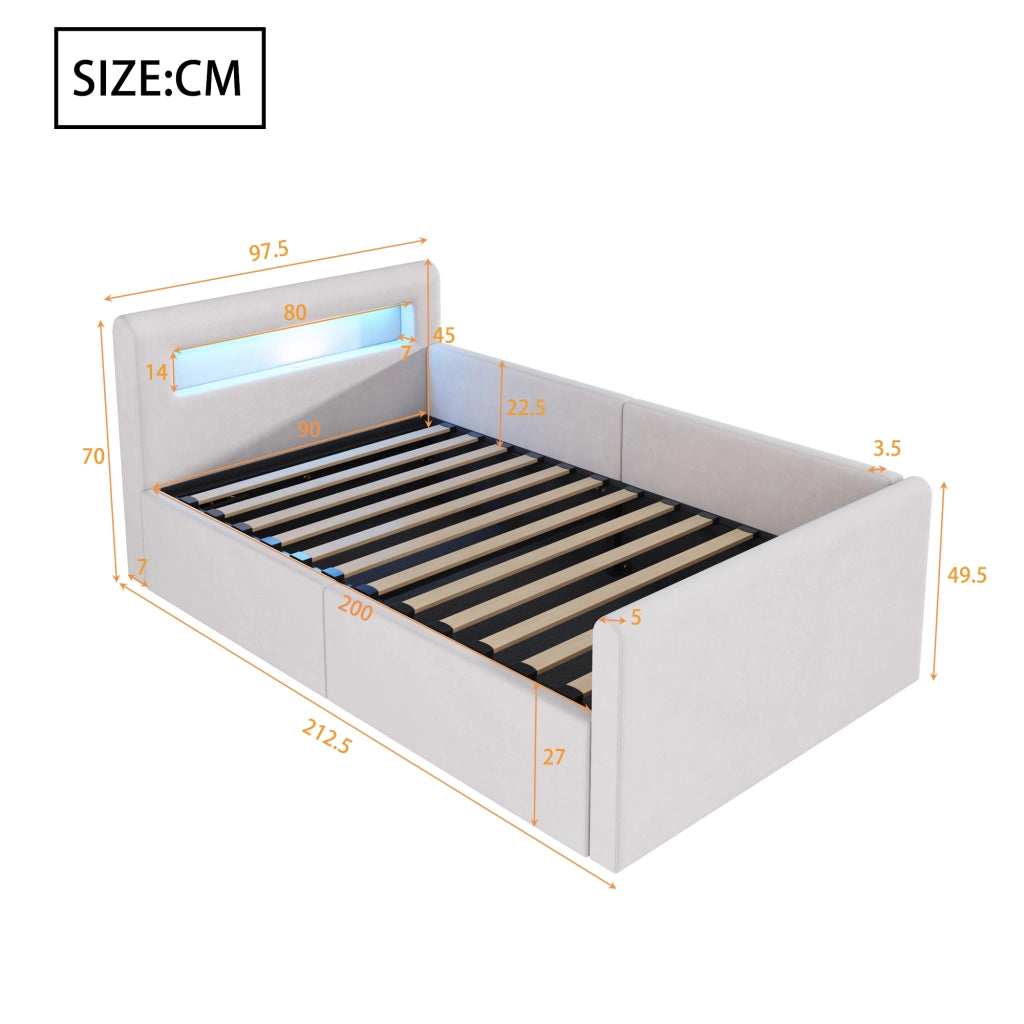 Letto 90x200 cm - Letto imbottito,Con luce notturna,Porta di ricarica USB,Con vani portaoggetti,Velluto,Funzione di accumulo idraulico,Beige