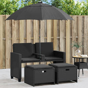 Divano Giardino 2 Posti-Sofa da Giardino-Divanetto da esterno Ombrellone e Sgabelli Nero Polyrattan 270598