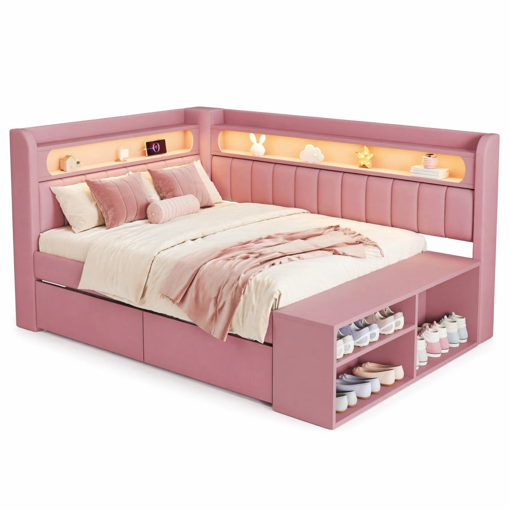 Letto singolo imbottito 90x200 cm rosa con LED e USB