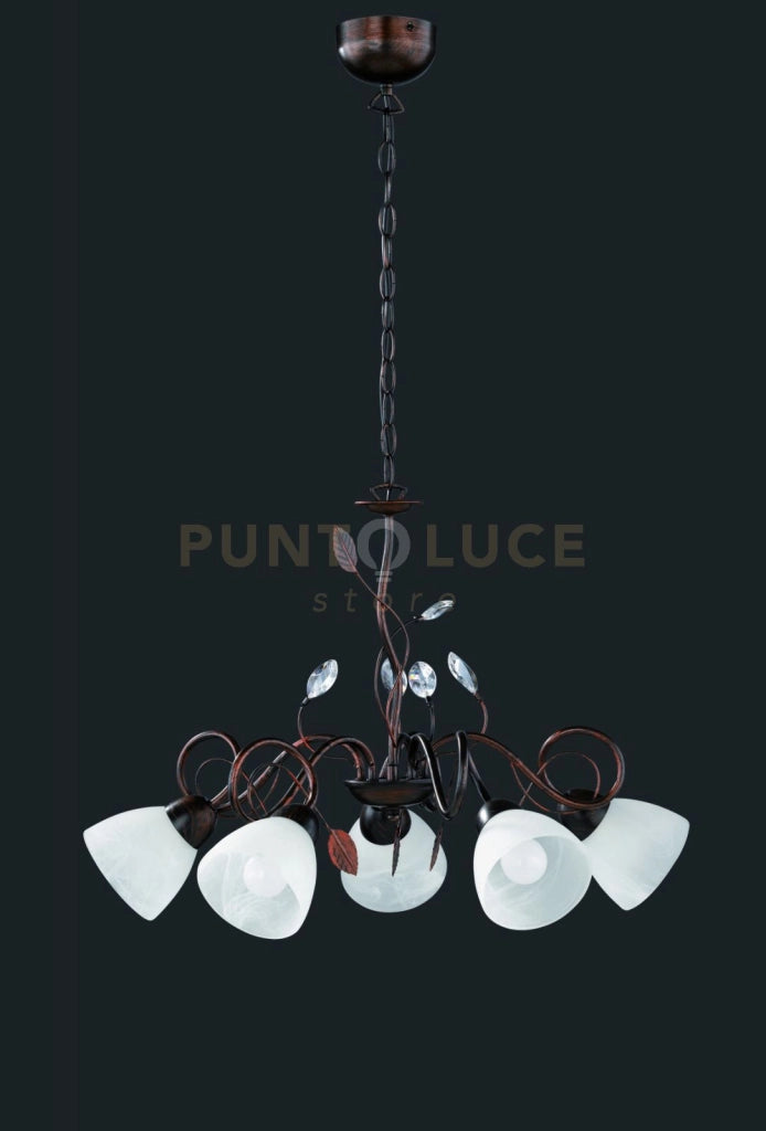 TRADITIO LAMPADARIO 5 LUCI ATTACCO E14 METALLO RUGGINE ANTICO VETRI BIANCHI CON GEMME TRASPARENTI D.70CM