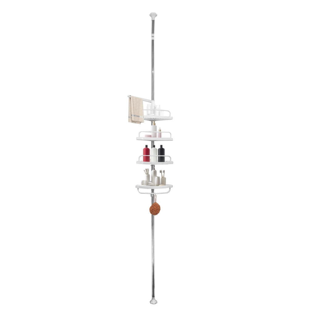 Mensola telescopica da bagno 276-330 cm – 4 ripiani regolabili con ganci – Senza forature – Acciaio inox
