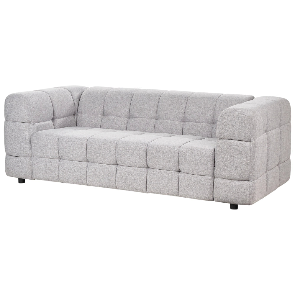 Divano imbottito a 3 posti in tessuto poliestere grigio con gambe nere braccioli stile moderno elegante