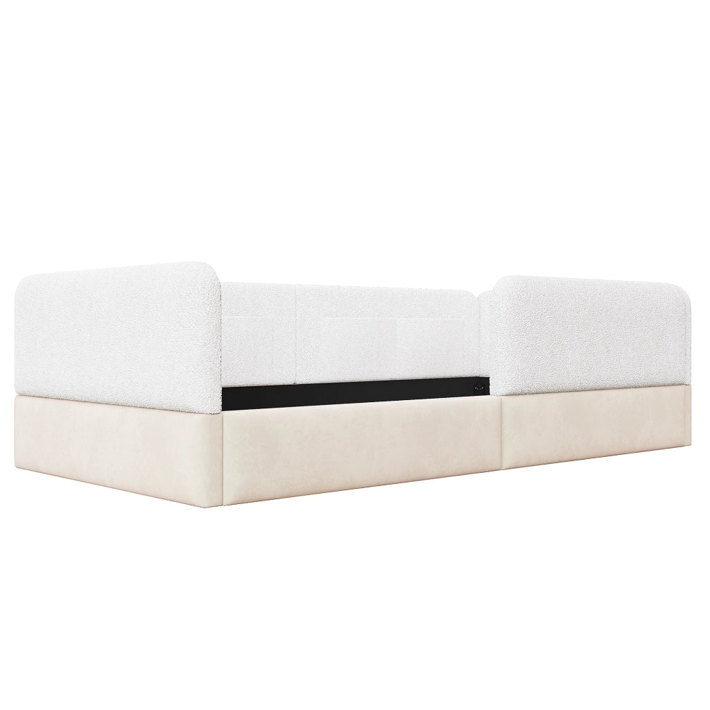 Letto singolo 90 × 200 cm con barriera di sicurezza, tasche portaoggetti, senza materasso, in MDF, bianco