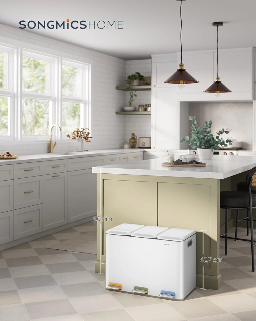 Cestino da Cucina Tripla, Pattumiera per Raccolta Differenziata 3 x 15 L con Pedali Colorati, Raccolta Differenziata, Coperchio e Secchi Interni, Acciaio, Bianco Nuvola