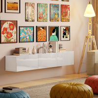 Mobile Porta TV fino a 82" Sospeso con 3 Armadietti a Ribalta e Ante Soft Close Bianco Lucido