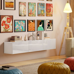 Mobile Porta TV fino a 82" Sospeso con 3 Armadietti a Ribalta e Ante Soft Close Bianco Lucido