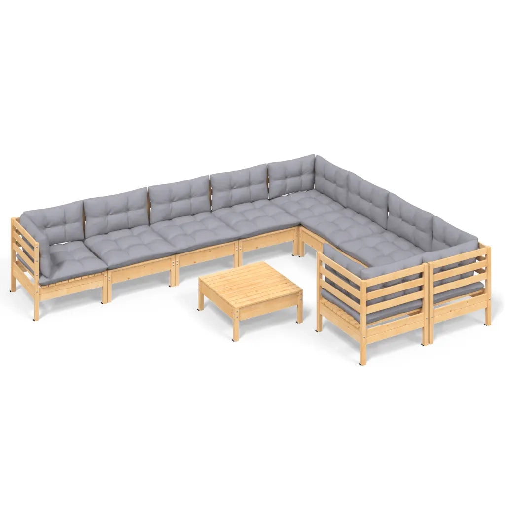 Set Divani da Giardino 10 pz con Cuscini Grigi Massello di Pino 3096988