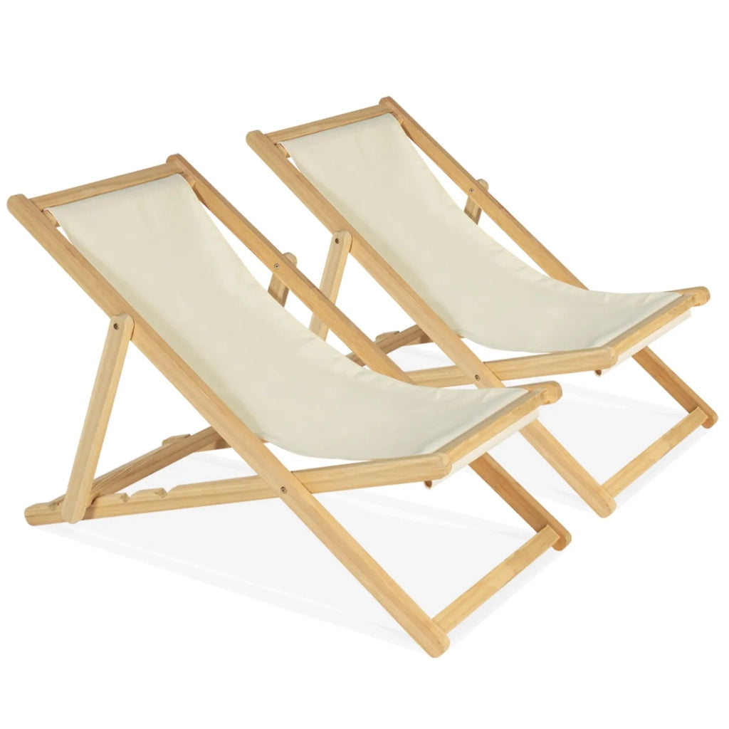 IDMarket - Set di 2 lettini pieghevoli in legno tela chilienne ecrù