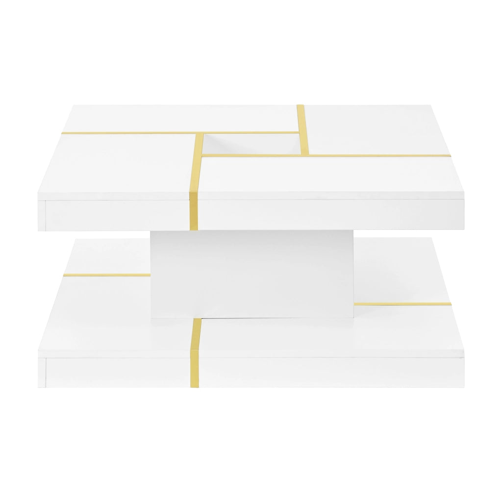 TAVOLINO Quadrato a 2 Livelli 80x80x38 cm Bianco con dettagli metallici dorati