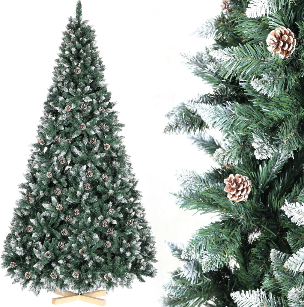 Albero di Natale Innevato 180cm, Albero di Natale Artificiale con 32PCS Pigne, Super Folto, Effetto Realistico e Rami con Aghi Anticaduta, Supporto in Legno, 1092 Punte, Decorazione Natalizia