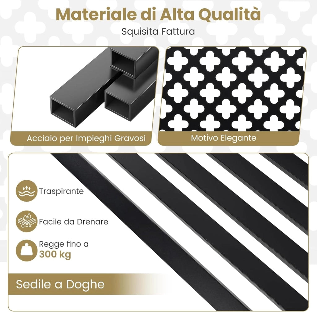 Panchina da Esterno, Panca da Giardin in Metallo con Schienale Traforato, Sedile a Doghe e Braccioli, Panchina Moderna per Cortile, Terrazzo e Giardino, Portata 300 kg (Nero)