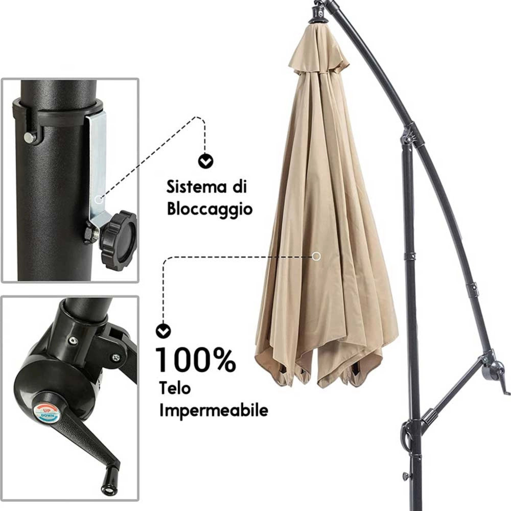Trade Shop - Ombrellone Giardino Decentrato 3x3 Con Pendente Palo Alluminio Gazebo Antivento - Bianco