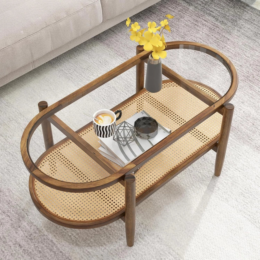 Tavolino ovale in rattan con piano in vetro e ripiano in rattan, 102 x 56 x 47 cm, tavolino da caffè per soggiorno, tavolino ovale con ripiano, tavolo da tè in rovere massiccio con gambe in