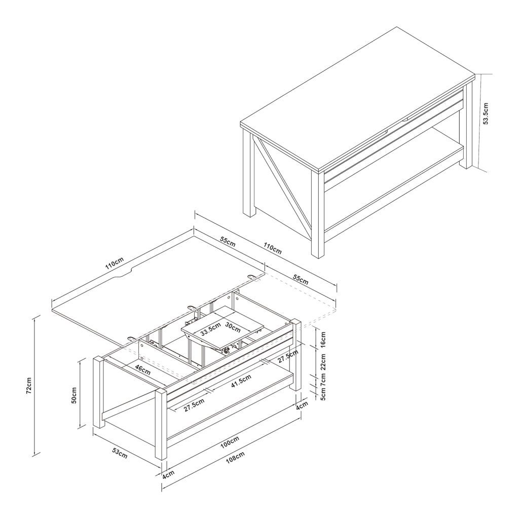 Tavolino Centrale da Salotto Kasama con Piano Sollevabile e Apribile 110 x 55 x 54 cm Effetto Noce / Bianco [en.casa]